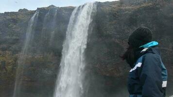 vrouw toerist in blauw jasje staan door beroemd reizen bestemming seljalandsfoss waterval in IJsland video