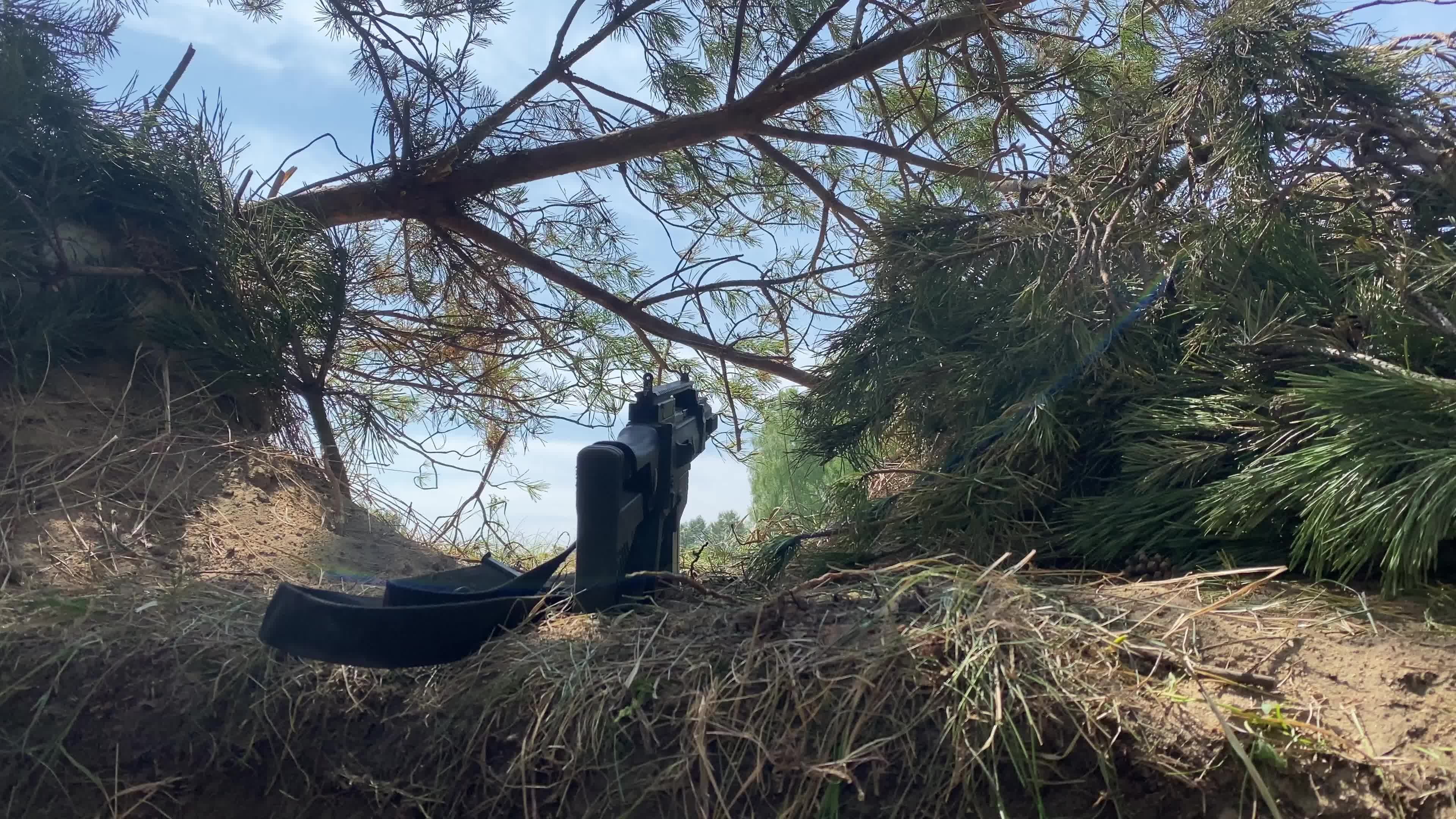 Close up g36 rifle gun on trenches post for camp protection on