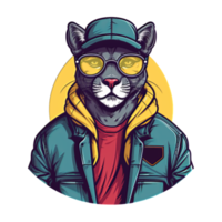 Hipster Panther mit Hut, Sonnenbrille und Jacke 2d eben Design png