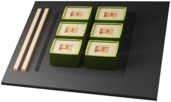 3D illustration render sushi set with sticks on plate on transparent background png