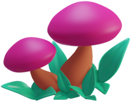 3D illustration render toy magic pink mushrooms with green leaves on transparent background png