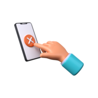 Cancel on phone. 3D Hand presses the cross sign on the phone png