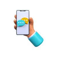 Phone in hand with chat. Speech bubble, text message, social media comment png