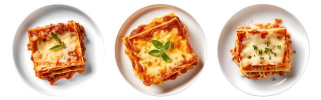 Tasty hot Lasagna served with a basil leaf on white bowl, top view with transparent background, png