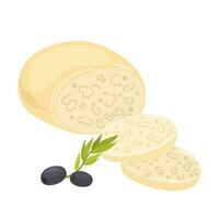 Mozzarella cheese. Fresh italian mozzarella cheese with basil leaves and olives. Organic healthy farm food concept. Vector Hand draw Illustration isolated on the white background.