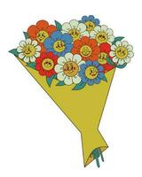 ramo de flores de dibujos animados retro estilo manzanilla caracteres. vector aislado plano contorno floral composición en blanco antecedentes. miedoso emoticones con facial expresiones Perfecto para correo, póster, antecedentes.