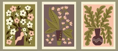 Abstract floral retro groovy graphic posters. Set of botanical flat vector composition. Suitable for posters,interior decoration, t shirt print, social media graphics, wall art, printout