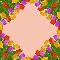 Vector floral banner with colorful tulip frame. Botanical composition with text space with isolated purple, yellow, red flowers. Wedding invitation floral design, web banner for sales, discount