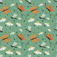 Minimalistic floral seamless pattern in retro style. Flat chamomiles or daisies with butterflies and dragonflies on green background. Perfect for decoration, background, kids textile, wrapping paper vector