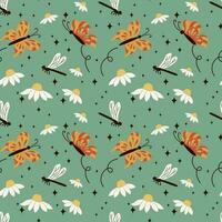 Minimalistic floral seamless pattern in retro style. Flat chamomiles or daisies with butterflies and dragonflies on green background. Perfect for decoration, background, kids textile, wrapping paper vector