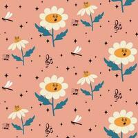 Cartoon floral seamless pattern in retro style. Flat chamomiles or daisies with musical notes and dragonflies on pink background. Perfect for decoration, background, kids textile, wrapping paper vector