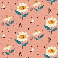 Cartoon floral seamless pattern in retro style. Flat chamomiles or daisies with musical notes and dragonflies on pink background. Perfect for decoration, background, kids textile, wrapping paper vector