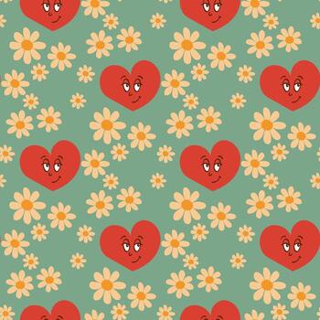 Dreaming heart with daisies seamless pattern. Flat vector handrawn illustration with funny character on the field with flowers. Ideal for decoration, background, textile, wrapping paper, scrapbooking