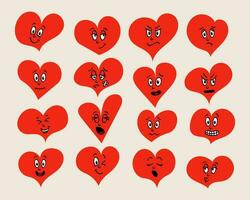 rojo plano corazón emoticones recopilación. gracioso caracteres en retro dibujos animados estilo. corazones con caras y sentimiento. Perfecto para decoración, saludo tarjetas, postales, pegatinas vector