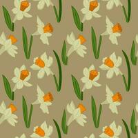 Botanical seamless pattern with blooming daffodils. Flat vector flowers with leaves on beige background. Ideal for wrapping paper, background, wallpaper, textile, banner