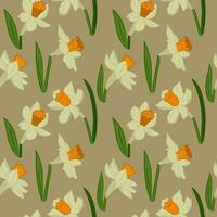 botánico sin costura modelo con floreciente narcisos plano vector flores con hojas en beige antecedentes. ideal para envase papel, fondo, fondo de pantalla, textil, bandera