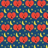 Sleepy heart with moon seamless pattern on dark blue background. Flat vector hand drawn illustration with cute character and moon with stars. Suitable for interior decoration, textile, wrapping paper