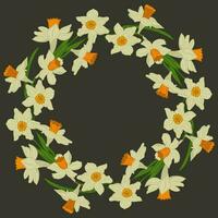 Vector floral wreath made of isolated blooming daffodils on dark background. Unique modern botanical template. Perfect for social media graphic, invitation, sales, cover, wedding invitation