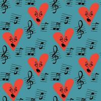 Unique singing heart with notes seamless pattern. Vector flat hand drawn illustration with cute cartoon character. Perfect for decoration, background, textile, wrapping paper, scrapbooking