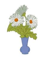 White chamomile bouquet in blue vase. Isolated flat vector composition on white background. Floral summer illustration. Unique botanical composition