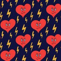 Hand drawn seamless pattern with angry hearts on dark blue baackground. Unique flat vector illustration with cute character and lighnings. Ideal for decoration, background, textile, wrapping paper