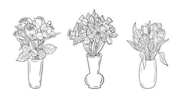 Set of hand drawn outline bouquets of flowers in vases. Tulipses, daffodils, roses. Unique vector isolated sketch illustartion. Perfect for coloring pages, tatoo, background, wrapping paper, border