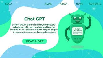 Cute robot Chat GPT waving hand landing page template. Vector cartoon Ai bots and chatbots character. Symbol business assistant for communication with client. Suitable for banner, ui, website design