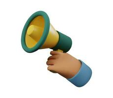 3d render hand holding a megaphone in green and yellow color for web and app. Plastic cartoon style vector