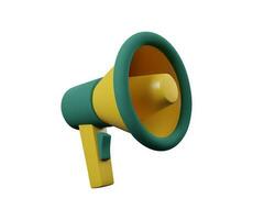 3d render megaphone in green and yellow color for web and app. Plastic cartoon style vector