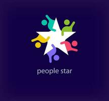 People team logo around creative star. Unique color transitions. Unique teamwork star logo template. vector