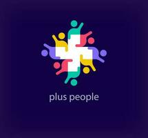 People plus team logo around creative heart. Unique color transitions. Unique teamwork plus logo template. vector