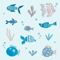 Blue cute cartoon fish and seaweed in flat style. Marine fauna and flora design element vector