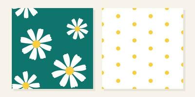 Set of cute simple seamless patterns. Chamomile flower pattern on a turquoise background and yellow polka dots vector
