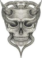 Surreal devil skull tattoo. Hand drawing and make graphic vector. vector
