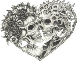 Couple love surreal skulls. Hand drawing and make graphic vector. vector