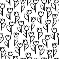 Simple and elegant floral pattern. Vector seamless texture with hand drawn ink Tulips. Monochrome botanical background