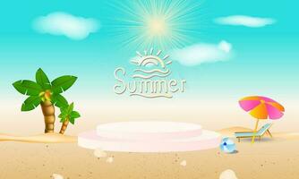 Illustration of summer background with podium,palm tree, sun and sand. Vector