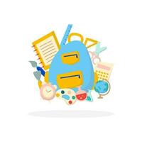 Back to school concept. Schoolbag or backpack with a ruler, scissors, paintbrush, color plate, an earth globe, calculator, chemistry, and alarm clock isolated on white background. Flat design. vector