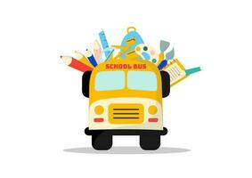 Back to school concept. School bus with schoolbag or backpack with a ruler, scissors, paintbrush, color plate, an earth globe, calculator, chemistry, and alarm clock on white background. vector