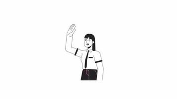 Lady giving high 5 bw animation. Animated character female office worker having fun. Monochrome 2D flat outline cartoon 4K video, white background, alpha channel transparency for web design video