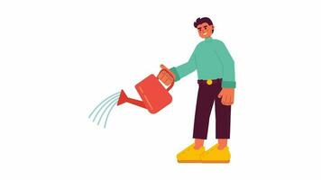 Man with watering can pouring liquid cartoon animation. Horticulturist 4K video motion graphic. Male gardener holding garden tool 2D colorful animated character isolated on white background