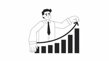 Business growth bw 2D animation. Analyst pulling arrow up graph 4K video motion graphic. Productivity. Profits, sales increase chart monochrome outline animated cartoon flat concept, white background