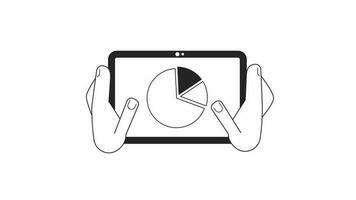 Hands holding tablet with pie chart bw cartoon animation. Digital marketing report 4K video motion graphic. Strategy. Tablet business 2D monochrome line animated hands isolated on white background