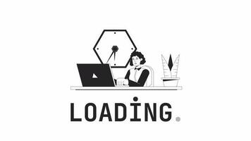 Female employee bw loader animation. Office worker typing on laptop at desk. Flash message 4K video. Isolated monochrome loading animation, alpha channel transparency for UI, UX web design video