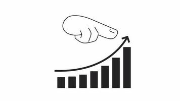 Market increase graph hand bw 2D animation. Finger pointing on growing arrow investment 4K video motion graphic. Chart infographic monochrome outline animated cartoon flat concept, white background