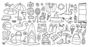 Vector beach activity doodle set, isolated on white, outline colouring book page, summer vacation accessory collection