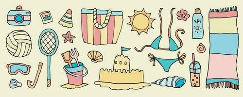 Vector doodle beach vacation set, cute sea party activity icons, kawaii sand castle, tropical holiday