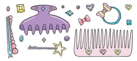 Vector doodle hair accessories, princess girl kawaii sticker collection, ribbon bow and hair clip, cartoon hairbrush salon