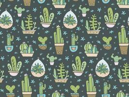 Vector texture with potted houseplants, cute plants seamless texture, kawaii cactus fabric, gardening doodle ornament