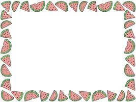 Vector doodle cute watermelon frame, summer fruit rectangular border, flat vegan greeting card template